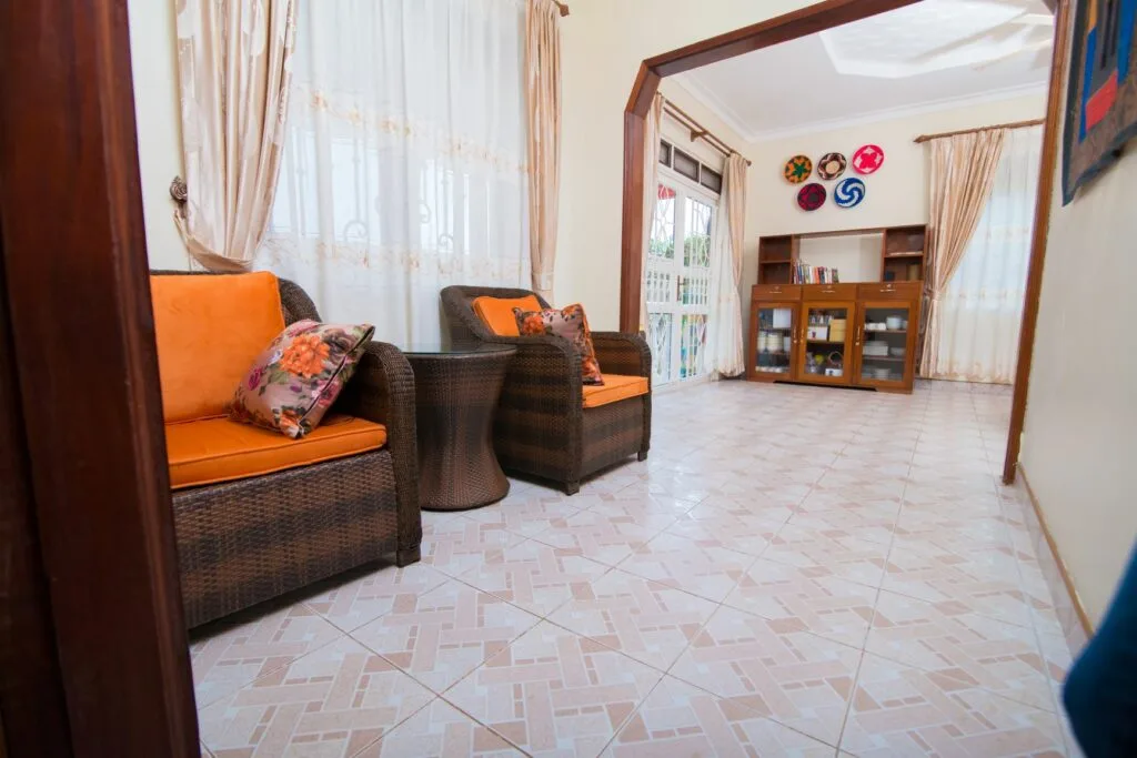 A quiet wicker-furniture lounge corner for guests to relax