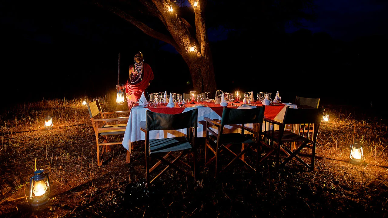A private lantern-lit bush dinner experience beneath the acacia trees