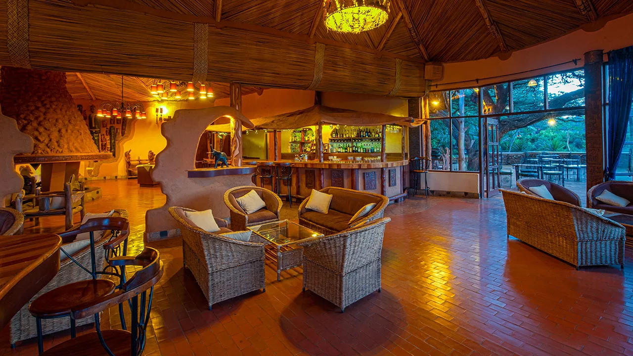 The lodge's rustic lounge and bar, a relaxed spot for evening drinks