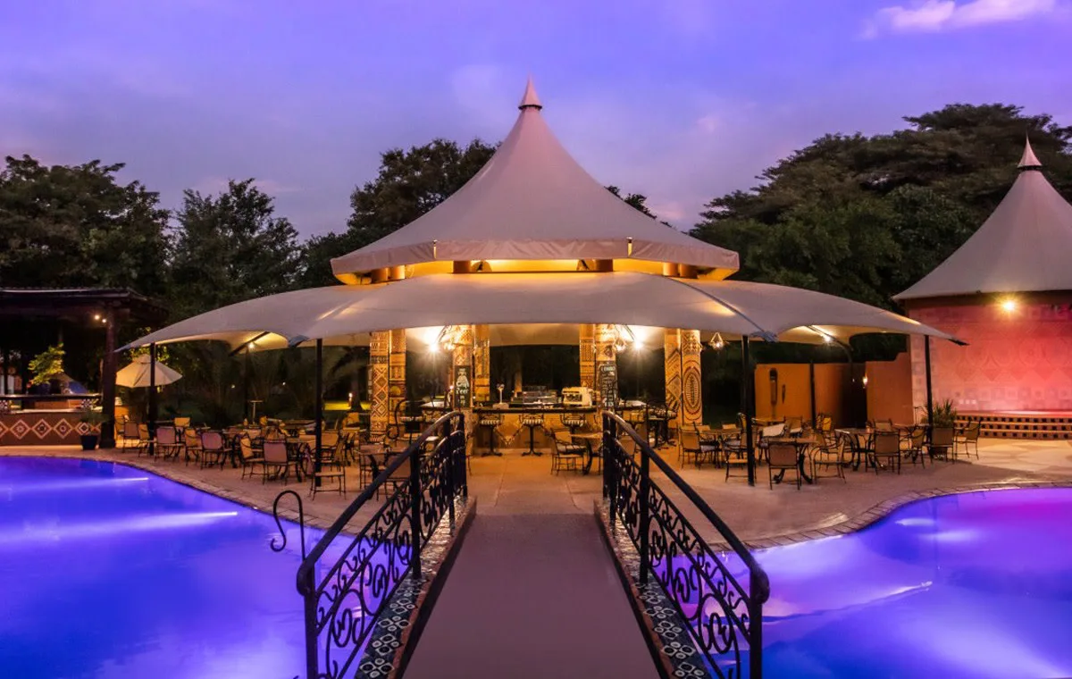 Illuminated pool and dining pavilion