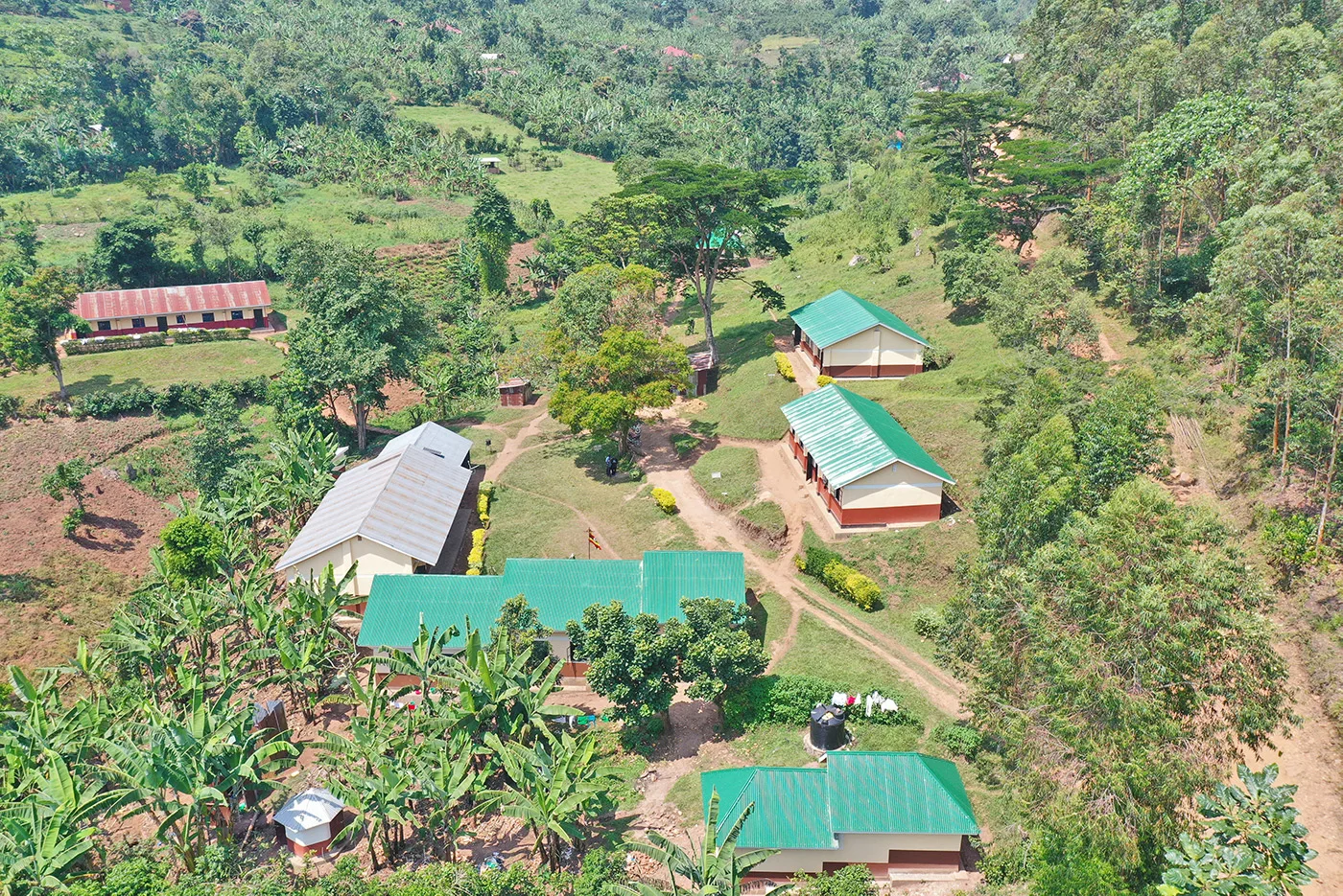 A drone view of the community-run camp's grounds near Bwindi Impenetrable National Park.