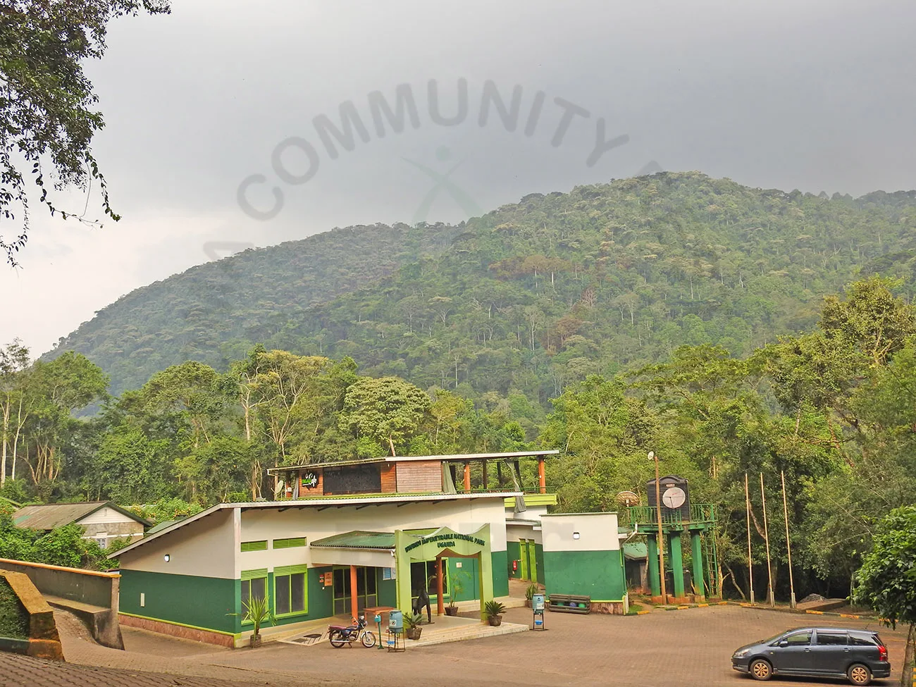 The nearby national park headquarters, where gorilla trekking briefings take place.