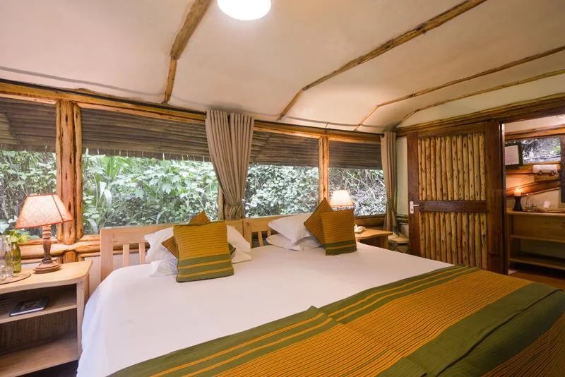 One of Buhoma Lodge's individually designed chalet interiors, built from locally sourced materials.