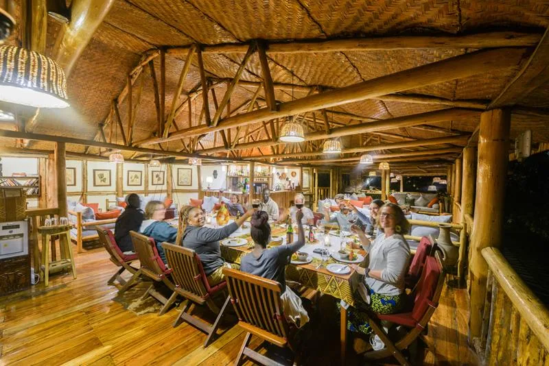 Evening dinner in the lodge's central dining and bar area.