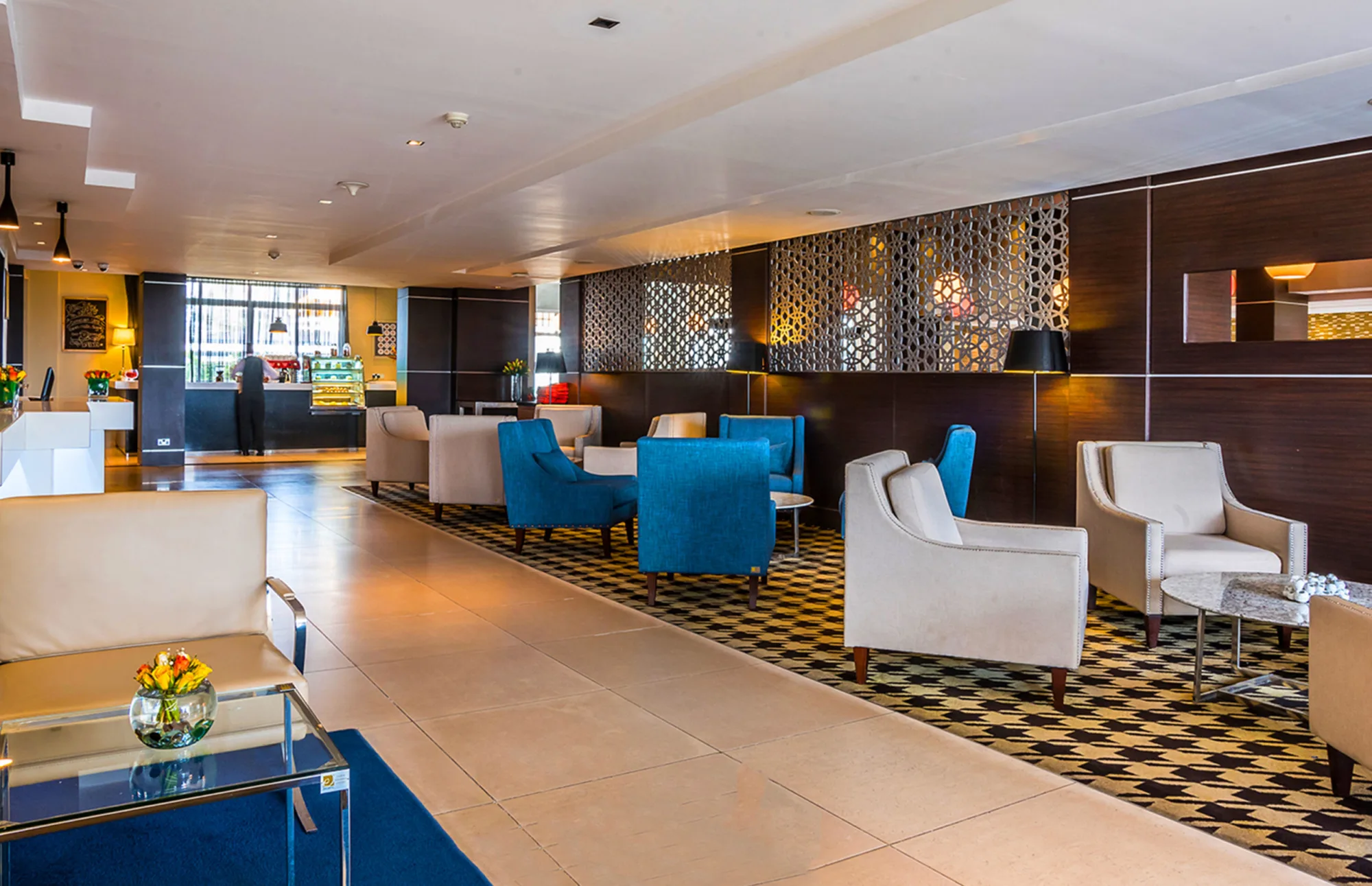 The lobby lounge offers a relaxed spot for coffee or a quiet meeting.