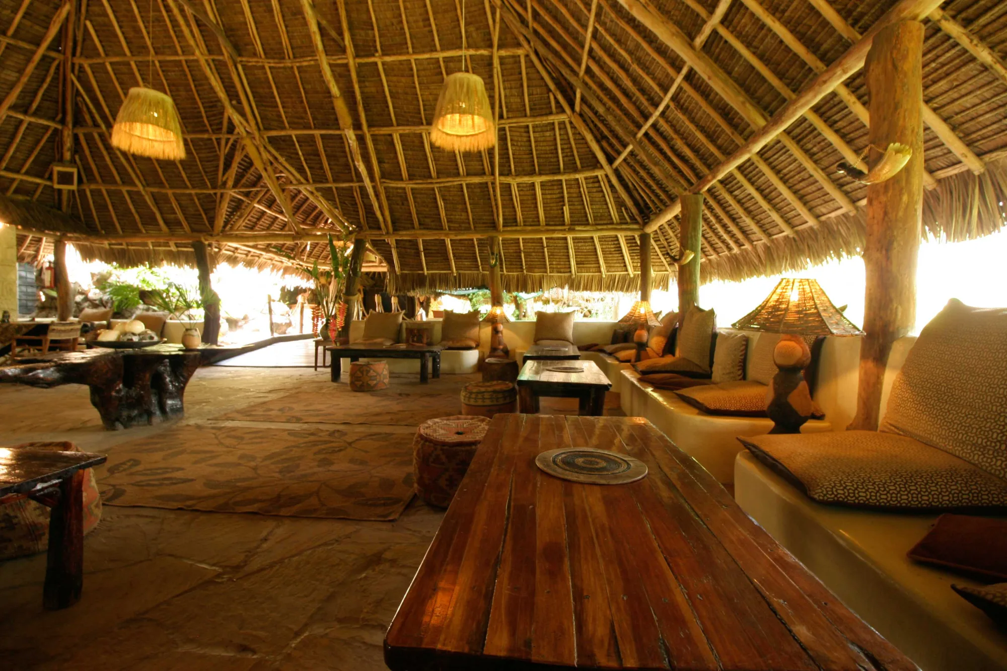 The camp's thatched lounge and bar