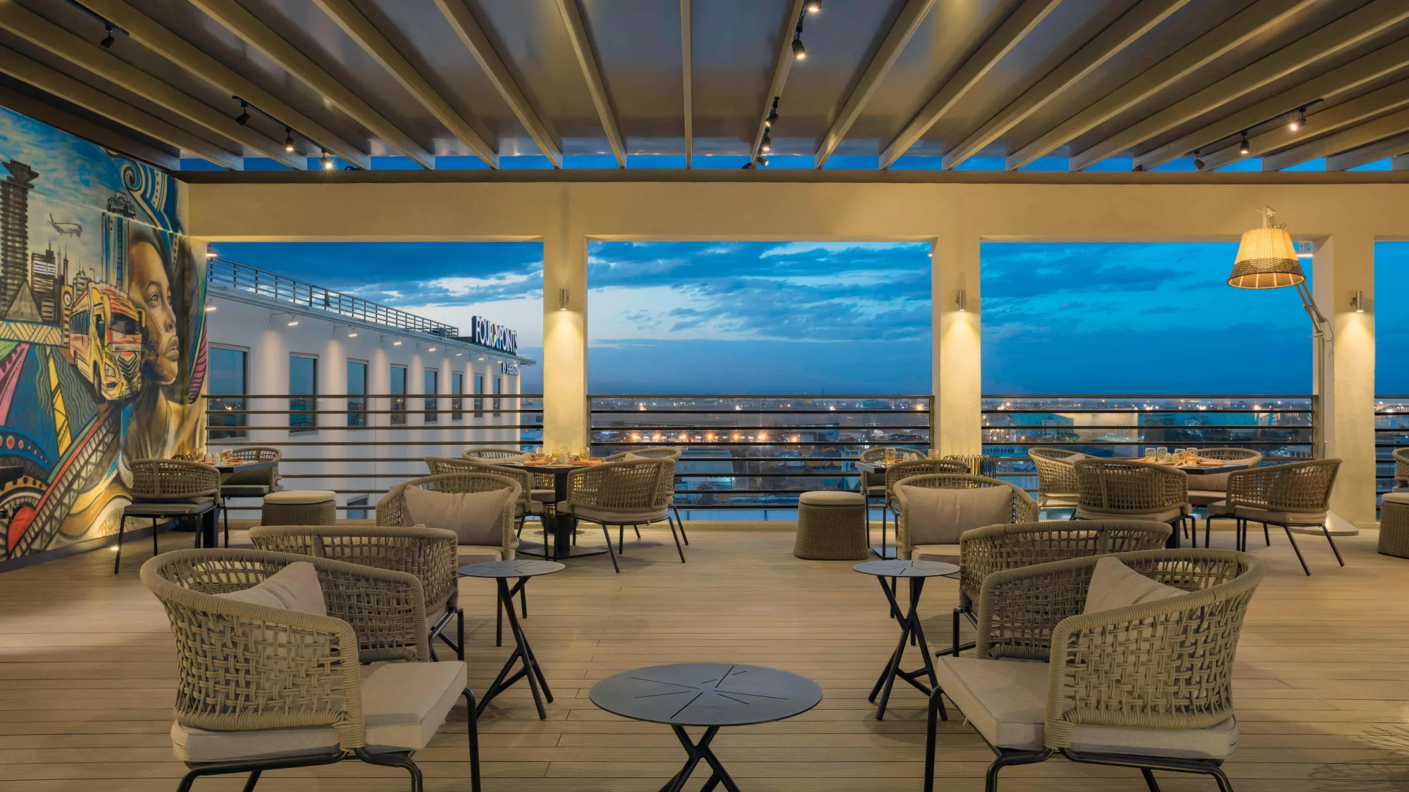Tazama Fusion African Bar & Grill on the rooftop terrace, with panoramic Nairobi views