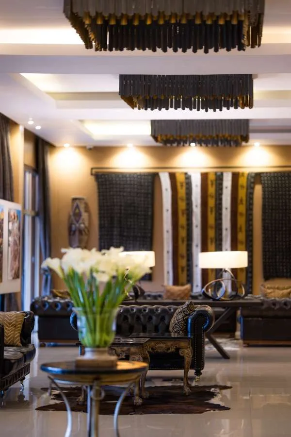 The hotel's lobby lounge, styled with African-print textile art.