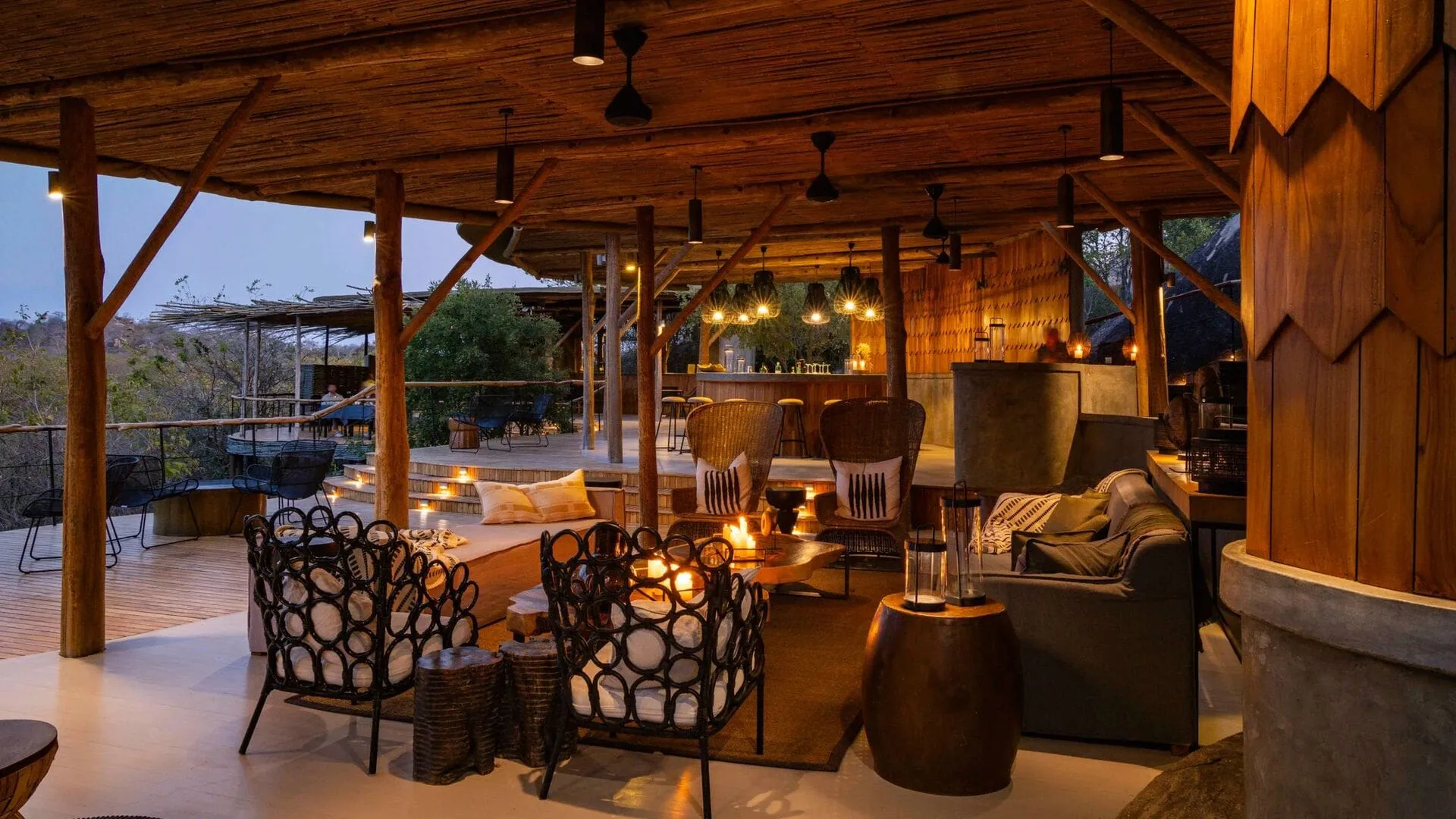 Main lounge and bar at dusk
