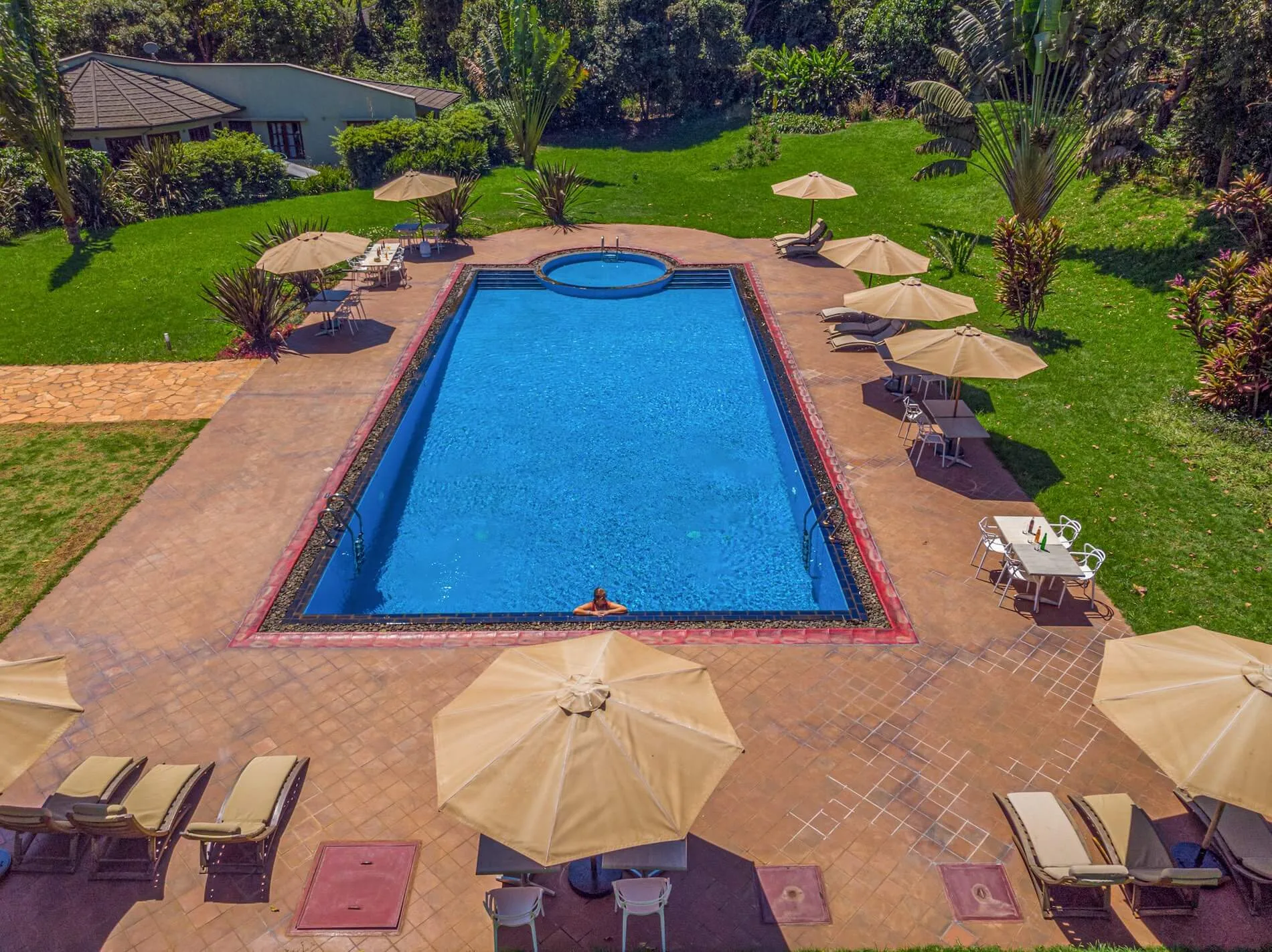 The lodge's landscaped swimming pool and sundeck, framed by tropical gardens.