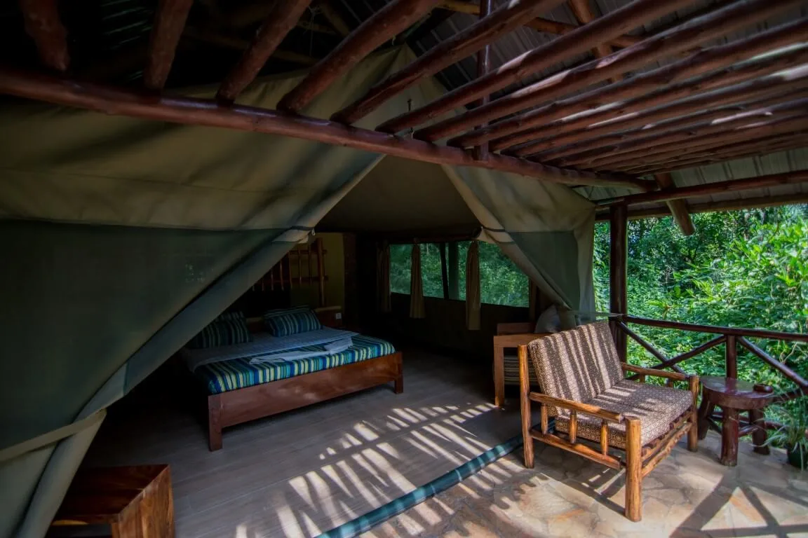 Inside one of the self-contained safari tents, opening onto a private forest-view veranda