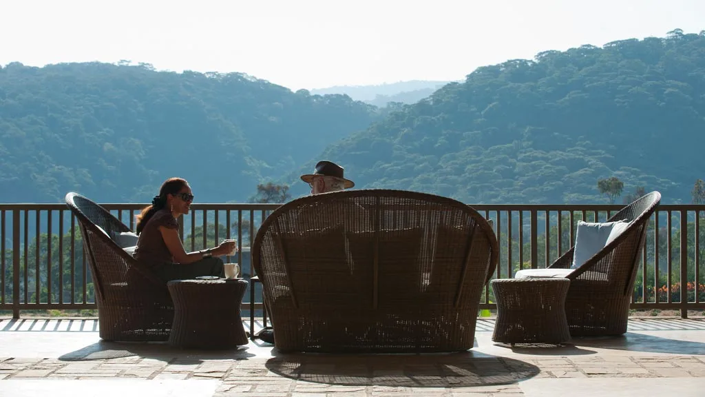 Terrace seating with highland views