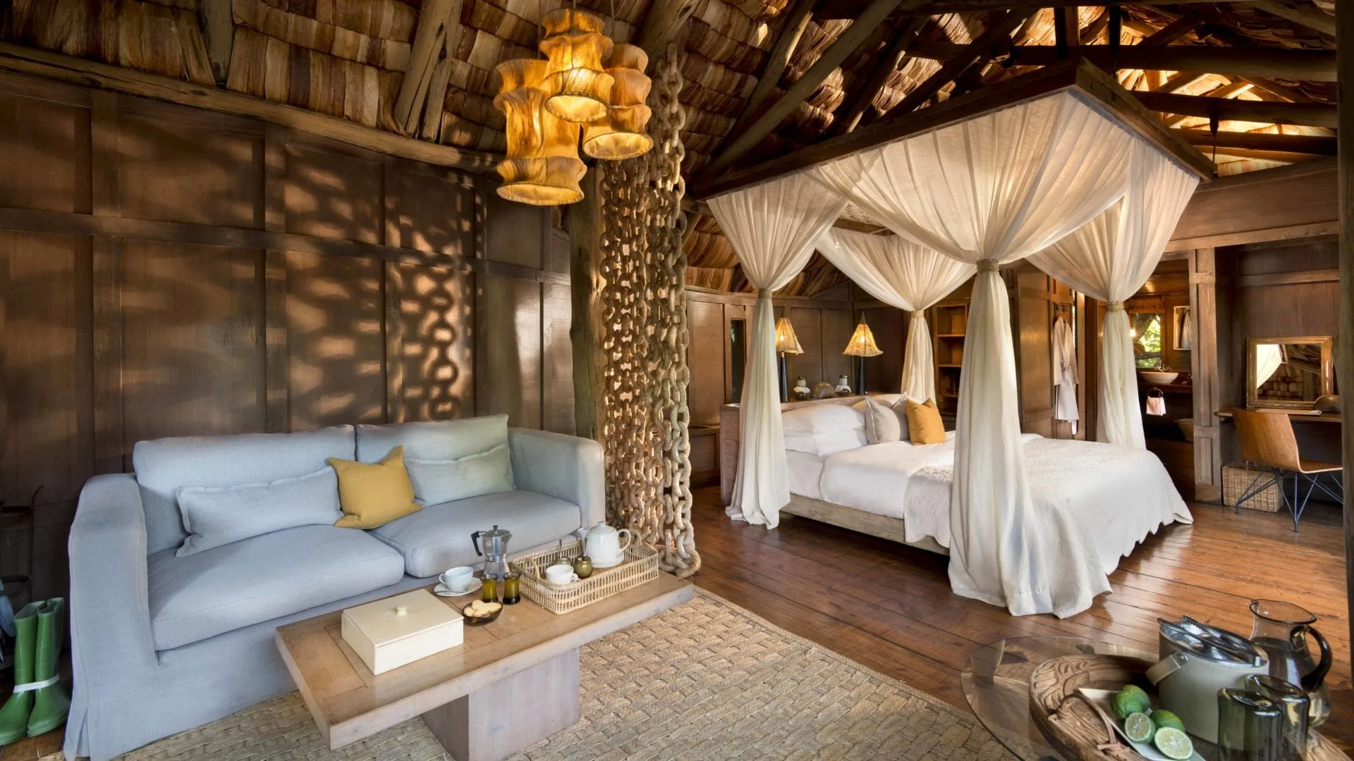 Warm, naturally finished interiors inside a treehouse suite.