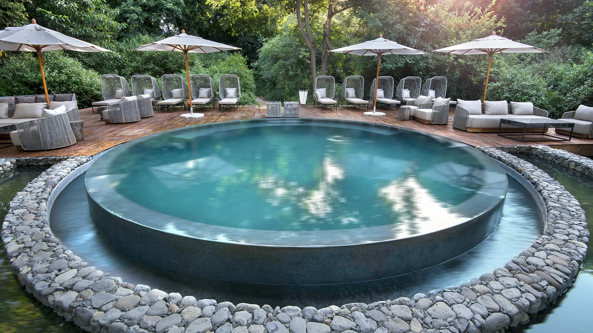 The lodge's pool, tucked into the mahogany forest.