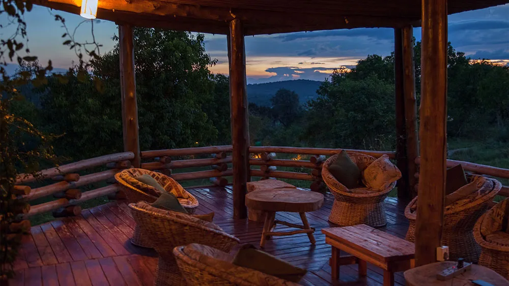 The lodge's lounge deck, a favorite spot to watch the sunset