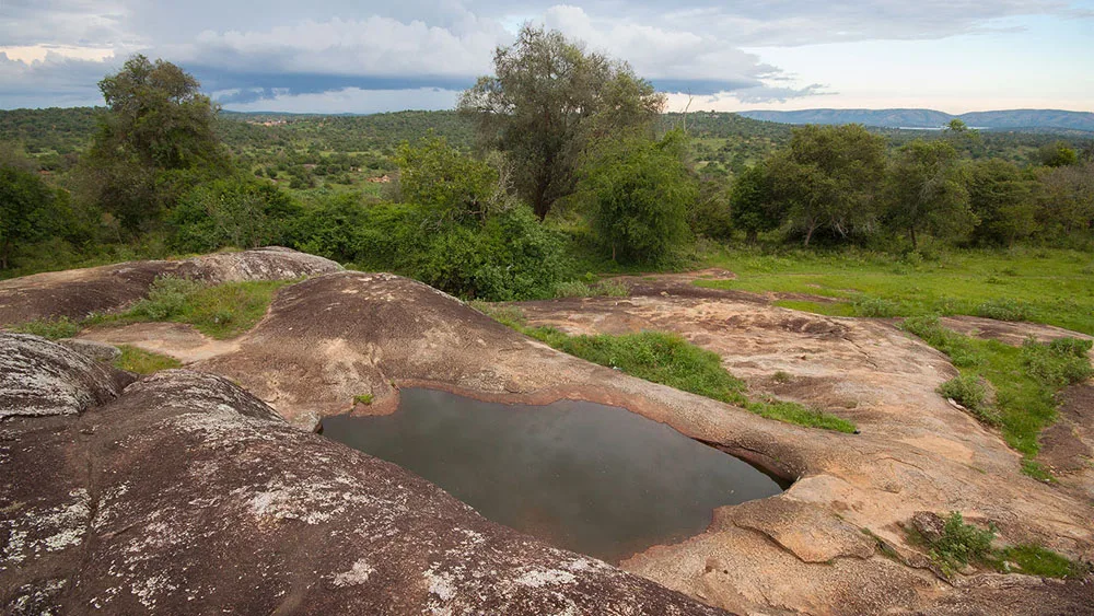 The view across Lake Mburo National Park from the lodge's rocky outcrop