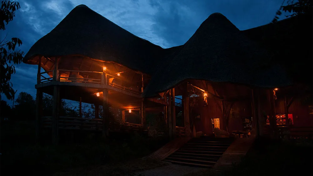 The lodge lit up after dark