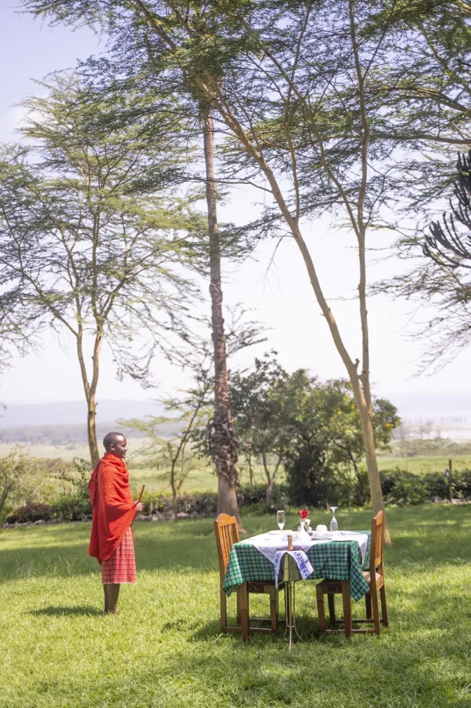 An outdoor bush dining setup beneath the acacia trees