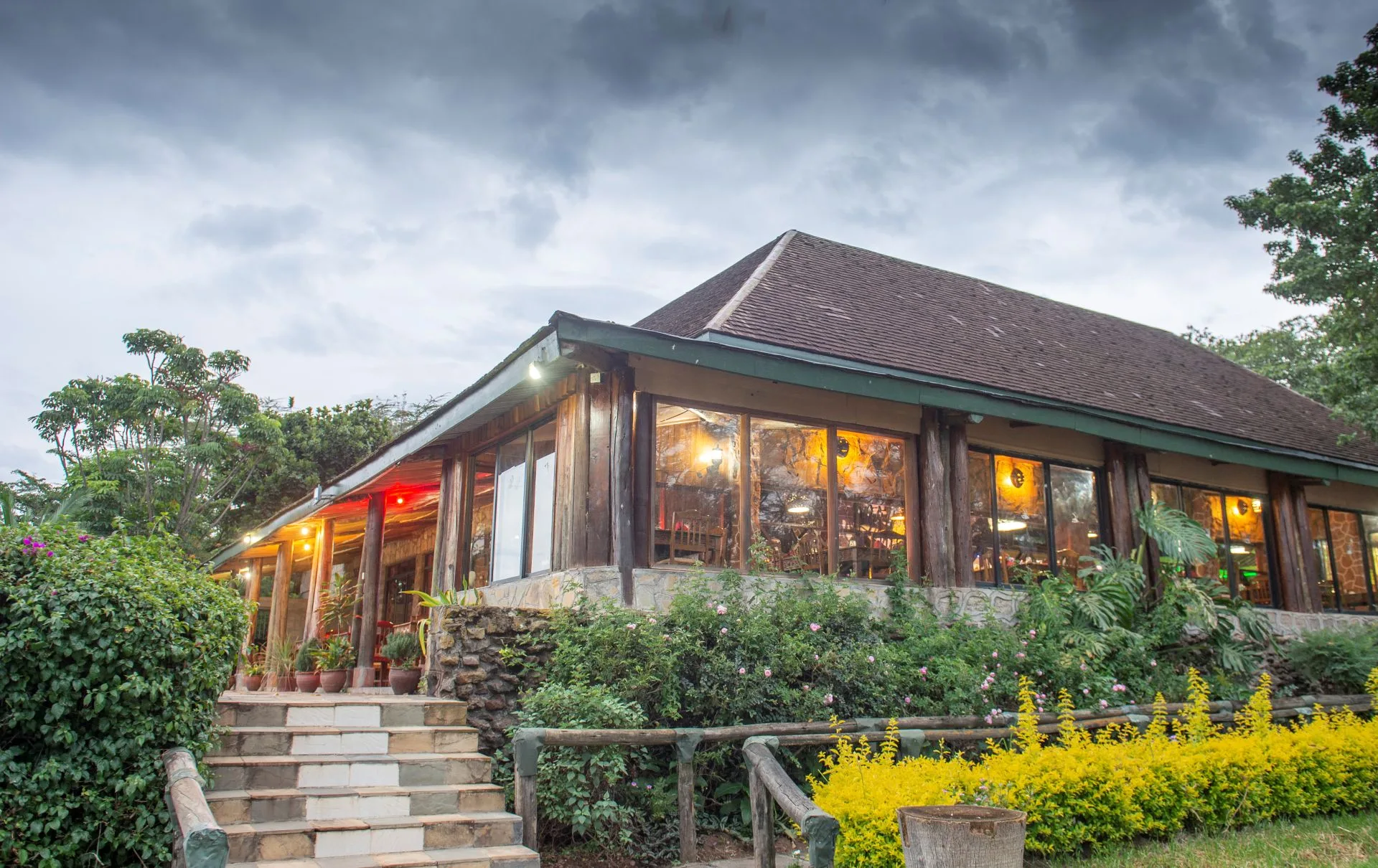 The lodge's restaurant and lounge building at dusk
