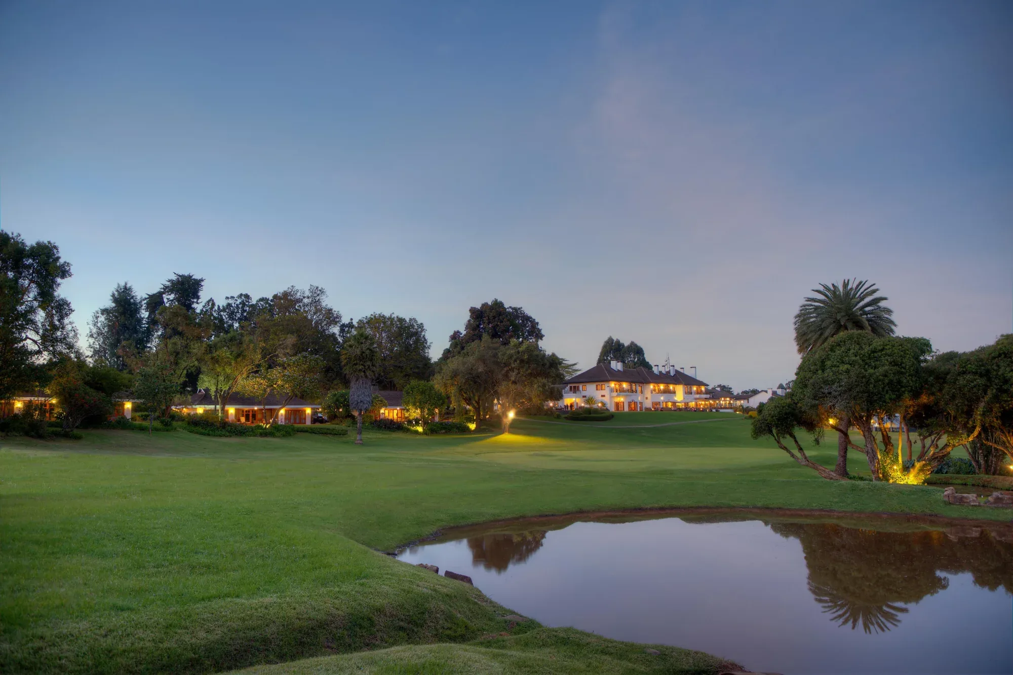 Landscaped grounds at dusk