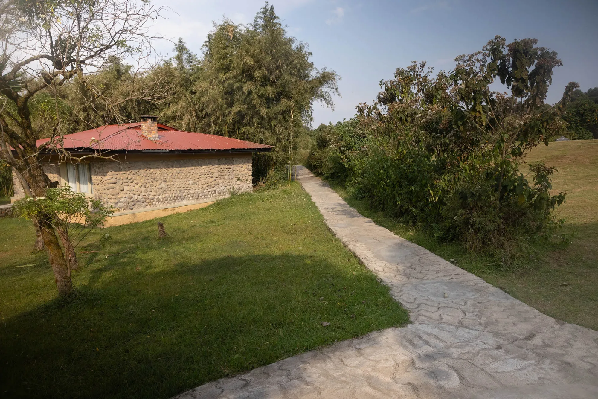 A garden pathway connecting the well-spaced cottages across the property.
