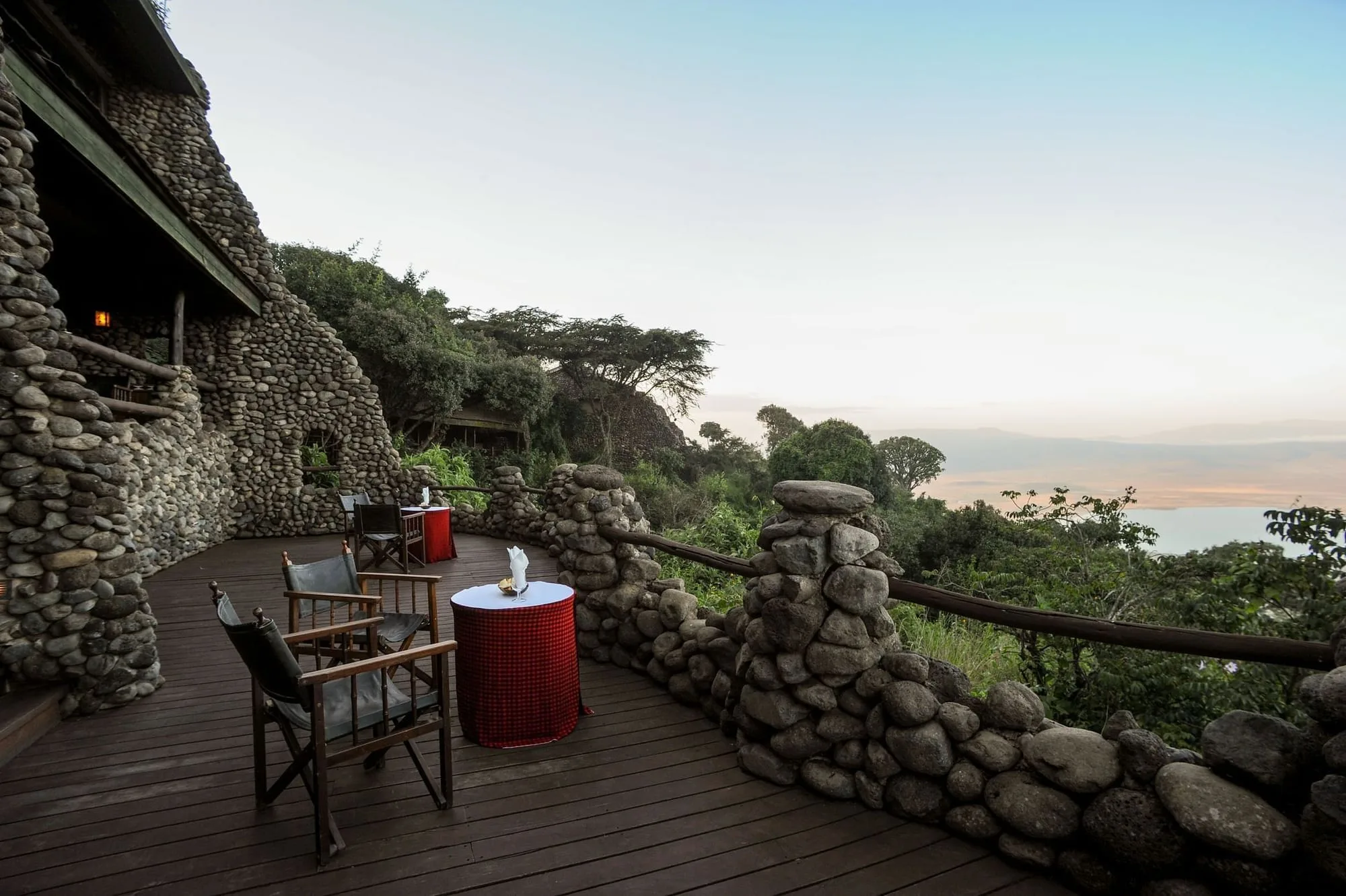 The lodge's viewing deck looks straight out over the floor of the Ngorongoro Crater.