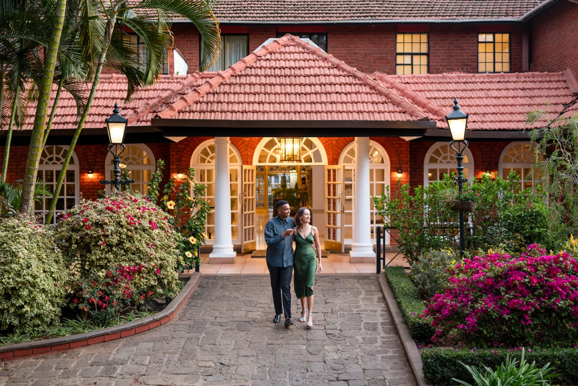 Flower-lined hotel entrance
