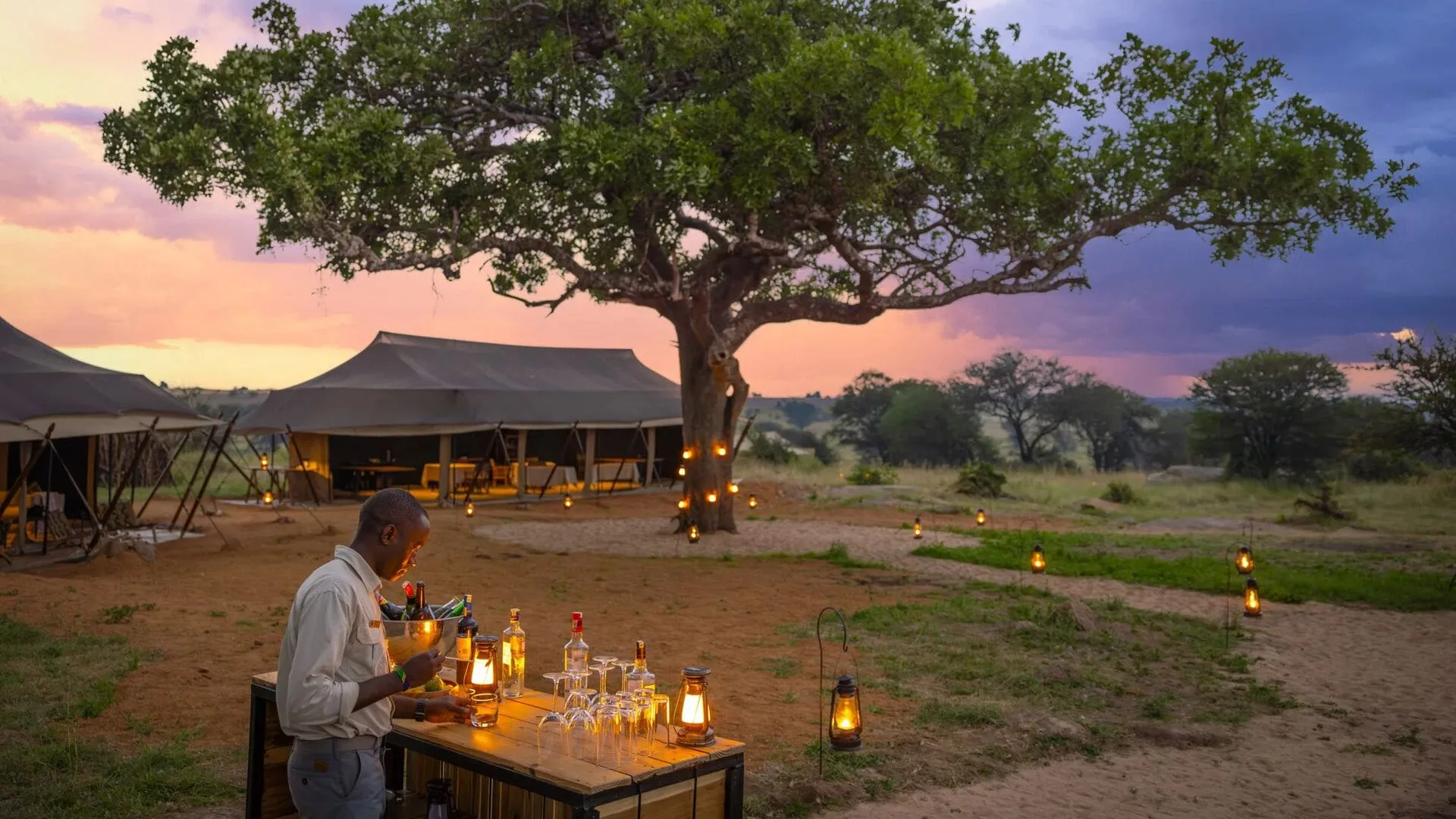 Olakira outdoor safari bar at sunset