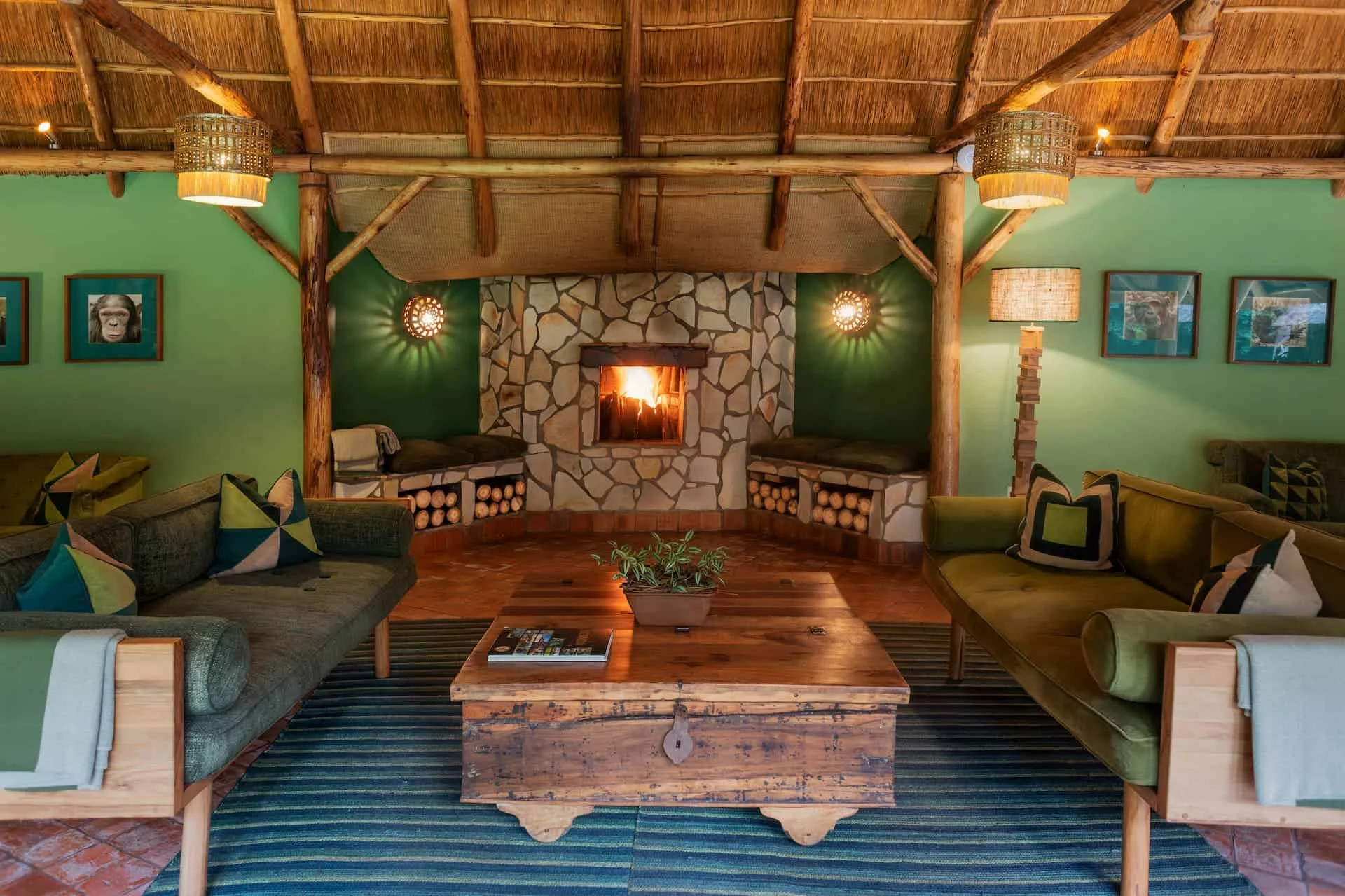 The fireside lounge doubles as a small gallery of the park's famous chimpanzees.