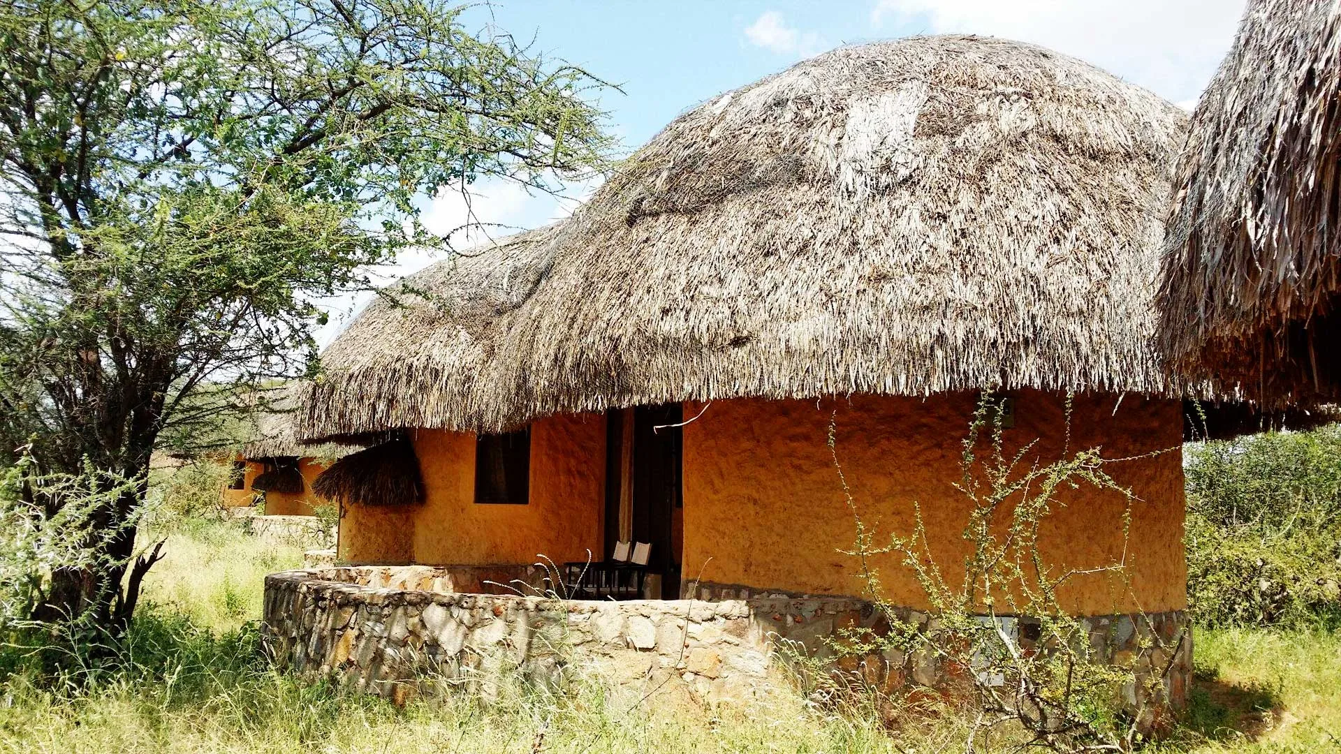 Domed thatched cottages blend into the Samburu bush landscape.