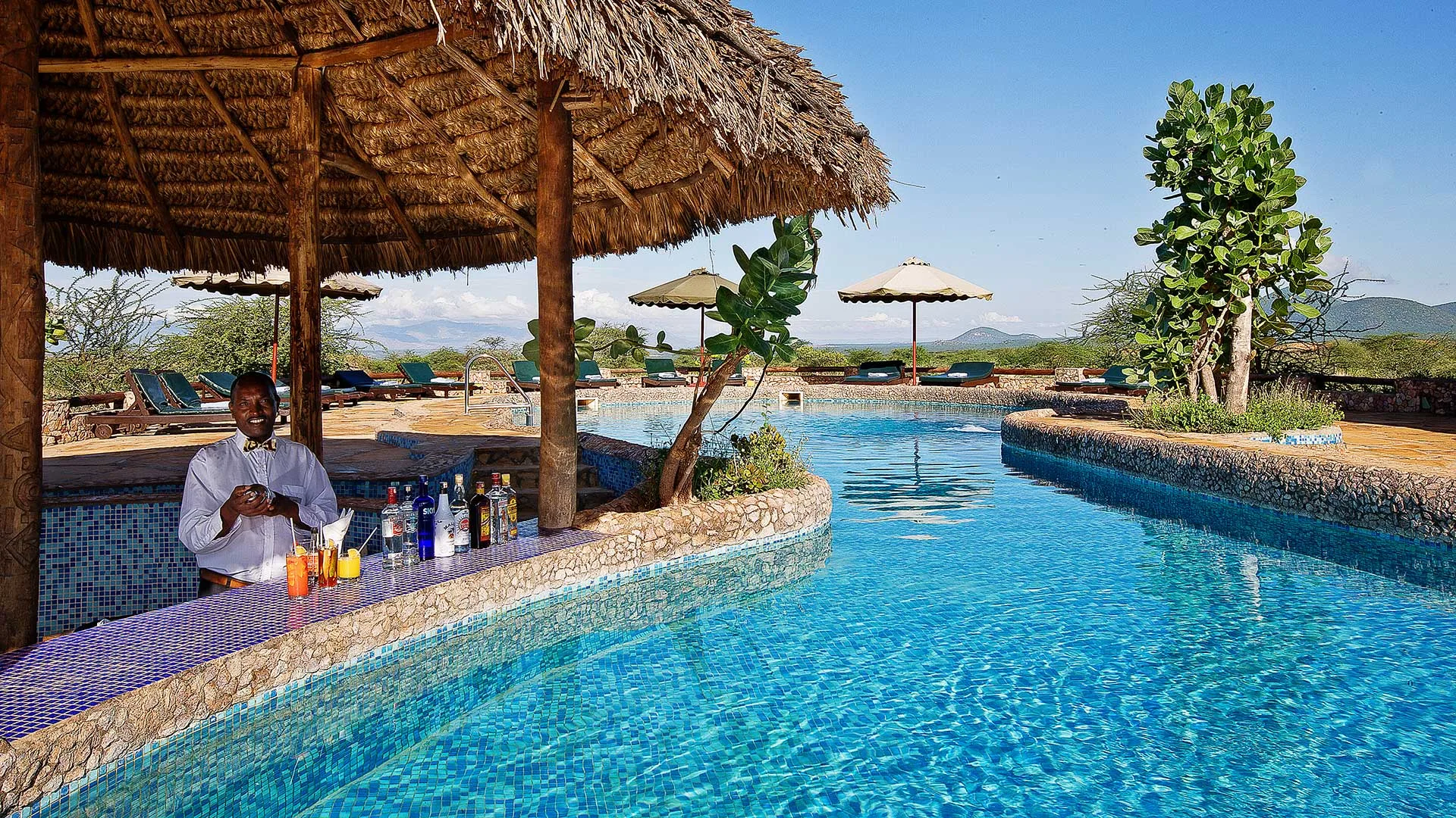 The swim-up pool bar looks out over the hills of Samburu National Reserve.