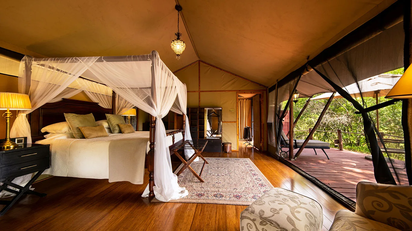 1920s-style furnishings evoke the golden age of East African safari camps.