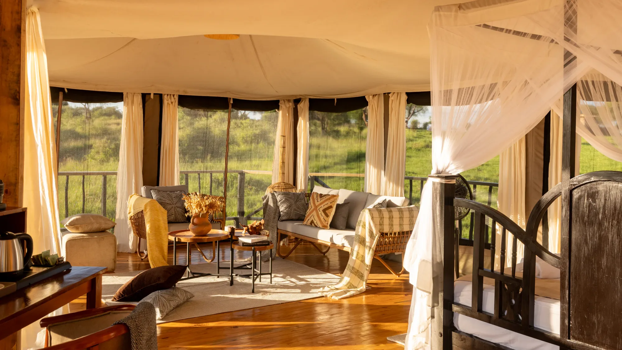 Each tent's private lounge area opens onto uninterrupted views of Tarangire.