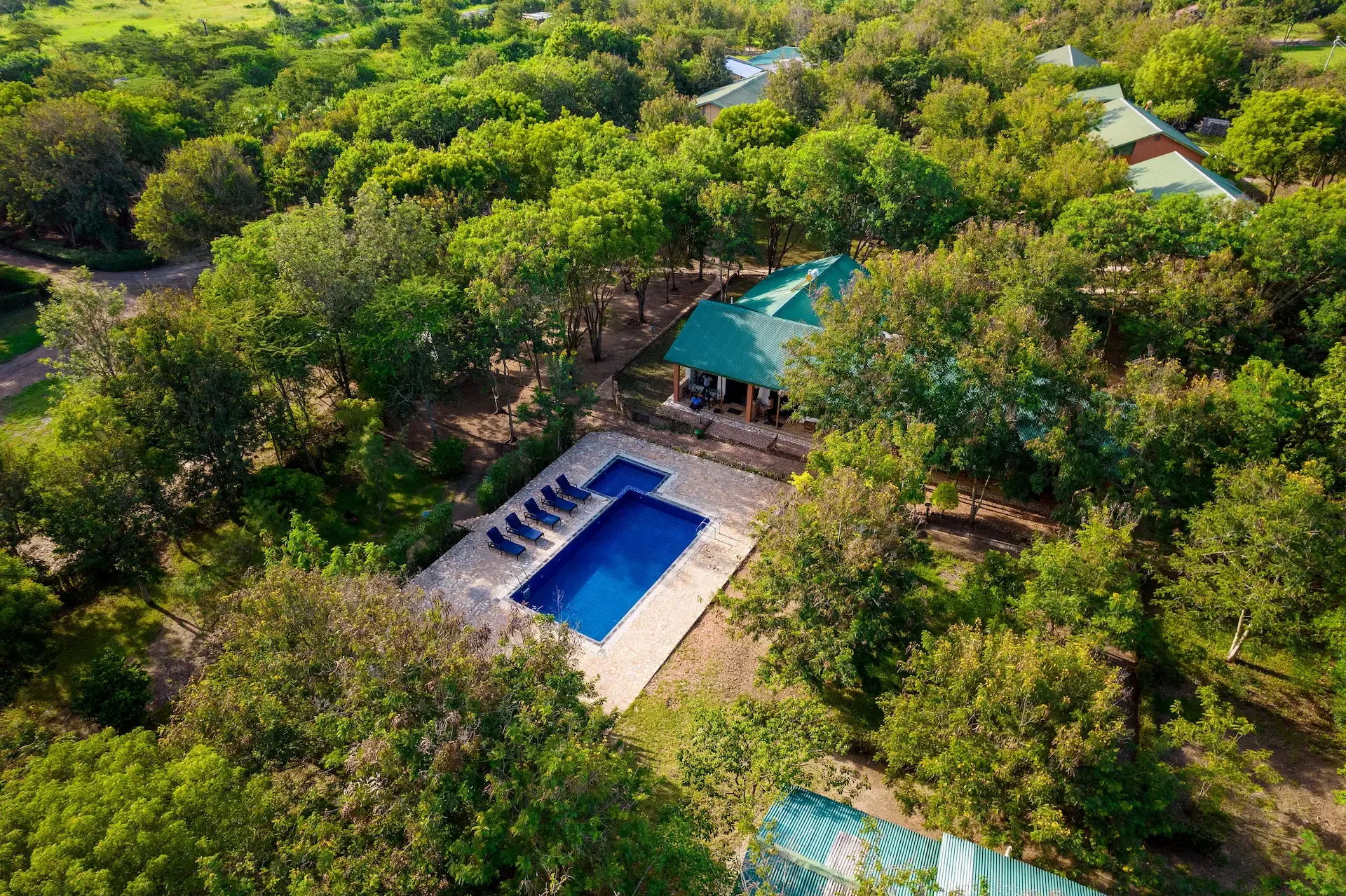 The camp's pool and grounds seen from above