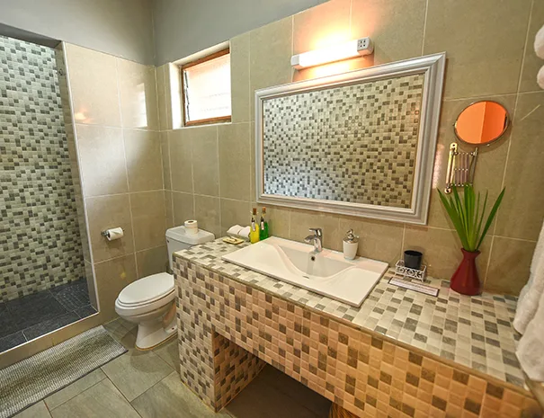 A spacious mosaic-tiled en-suite bathroom