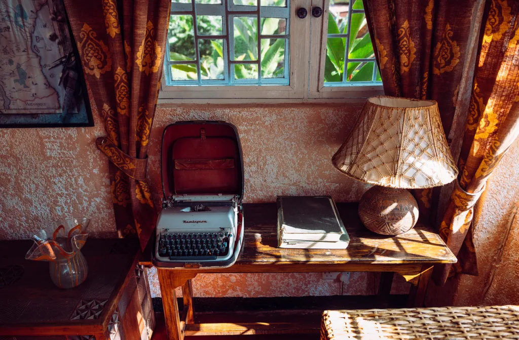 A colonial-era touch: a vintage typewriter desk overlooking the garden