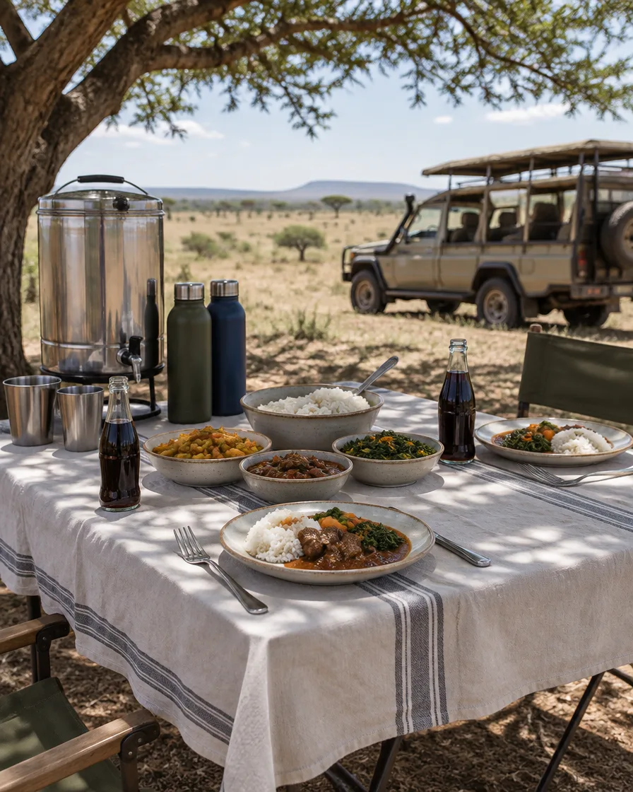 Hot bush lunch on ceramic plates with a refillable water dispenser and reusable bottles