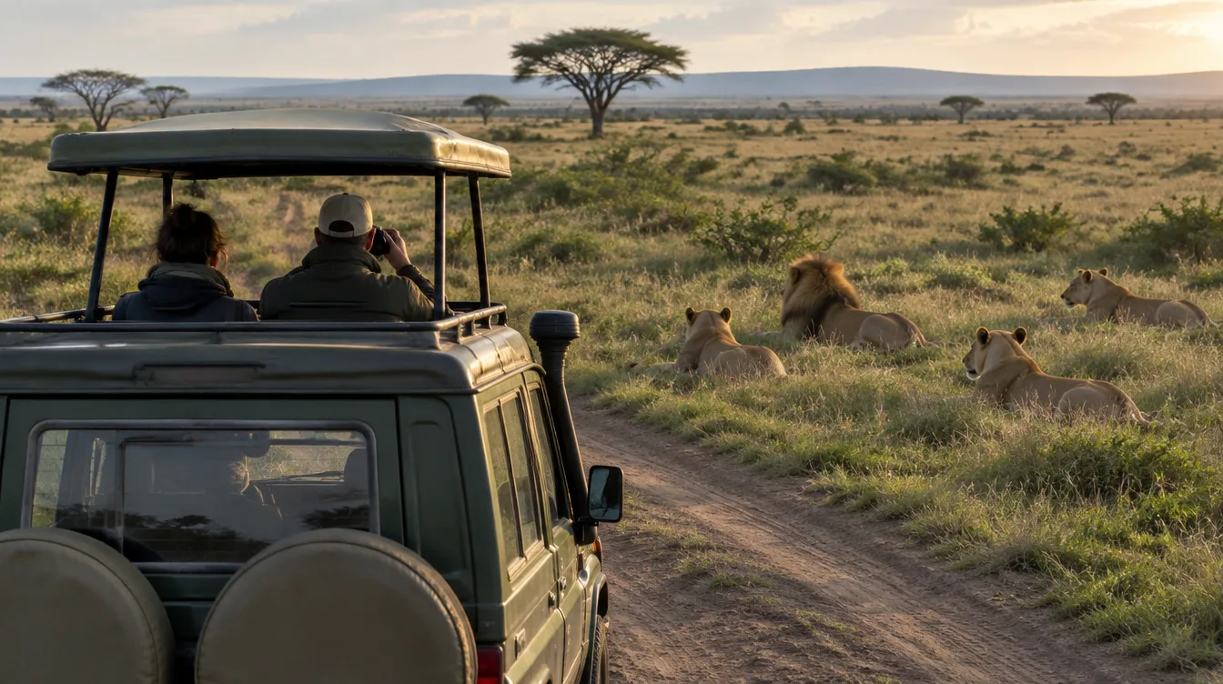 Safari vehicle stopped on the track watching a lion pride rest in the grass