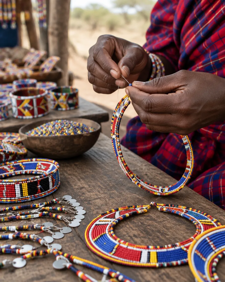 Hands of a Tanzanian artisan threading beads into a Maasai necklace