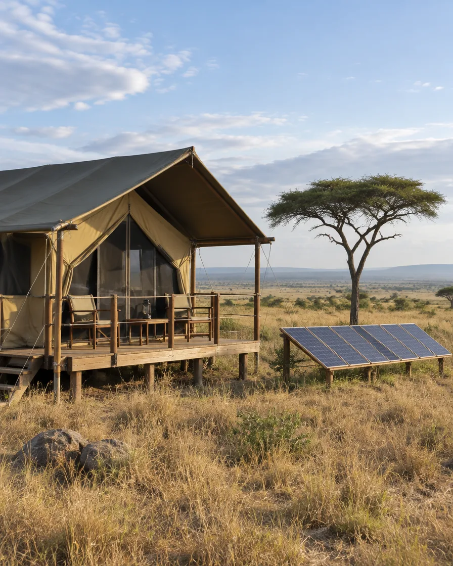 Canvas tent on a raised deck at a tented camp with solar panels beside it