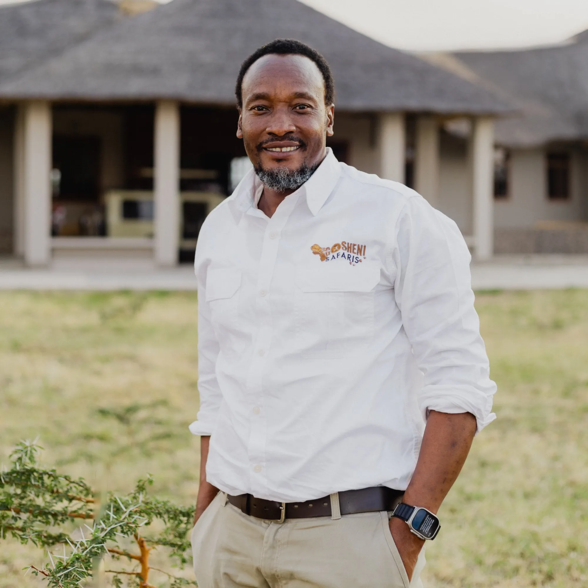 Peter Robert, founder of Gosheni Safaris, outside a safari lodge in Tanzania