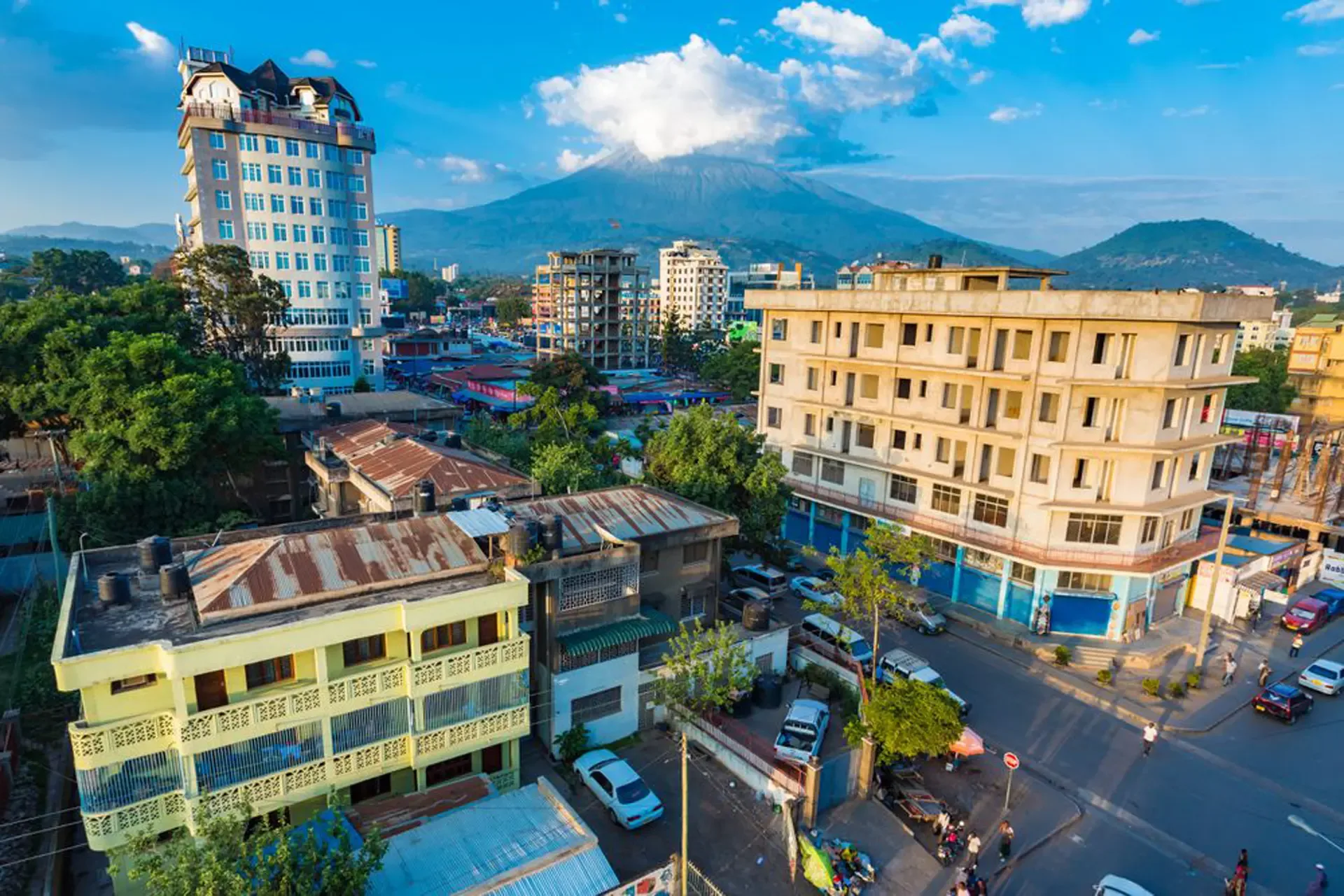 Morning light over the rooftops and streets of Arusha, Tanzania.
