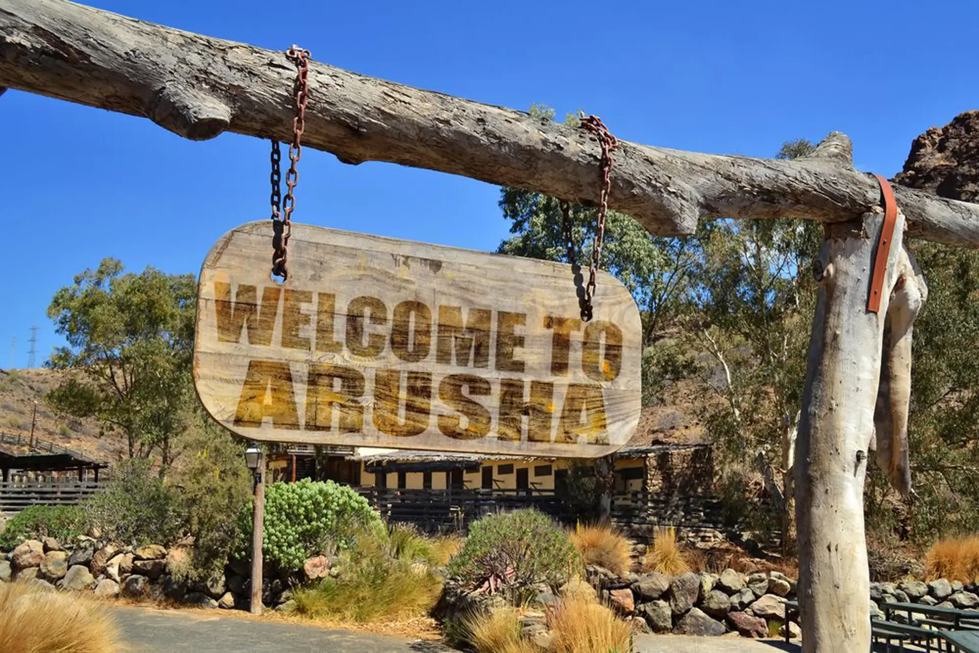 Welcome to Arusha: a carved wooden sign hanging above the entrance to the city.