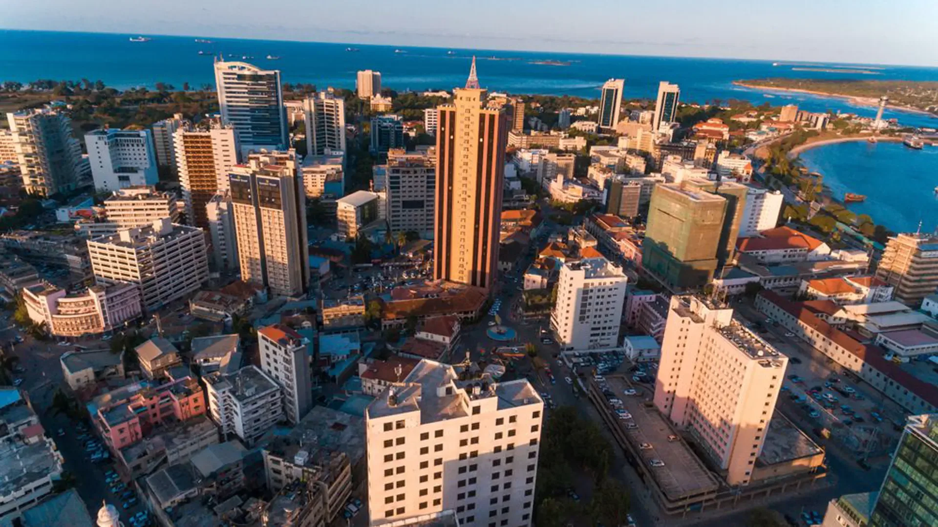 Evening light over the rooftops and harbour of Dar es Salaam, Tanzania.