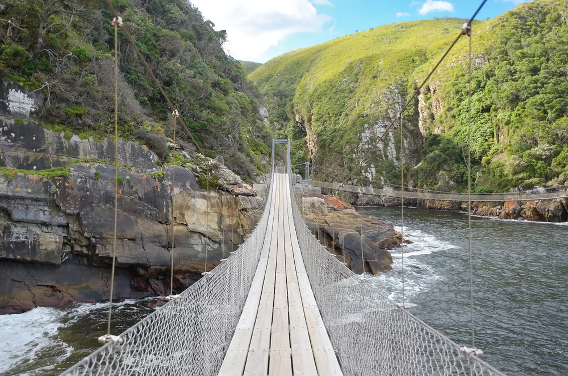 Wooden suspension bridge over the water at Garden Route National Park, South Africa.