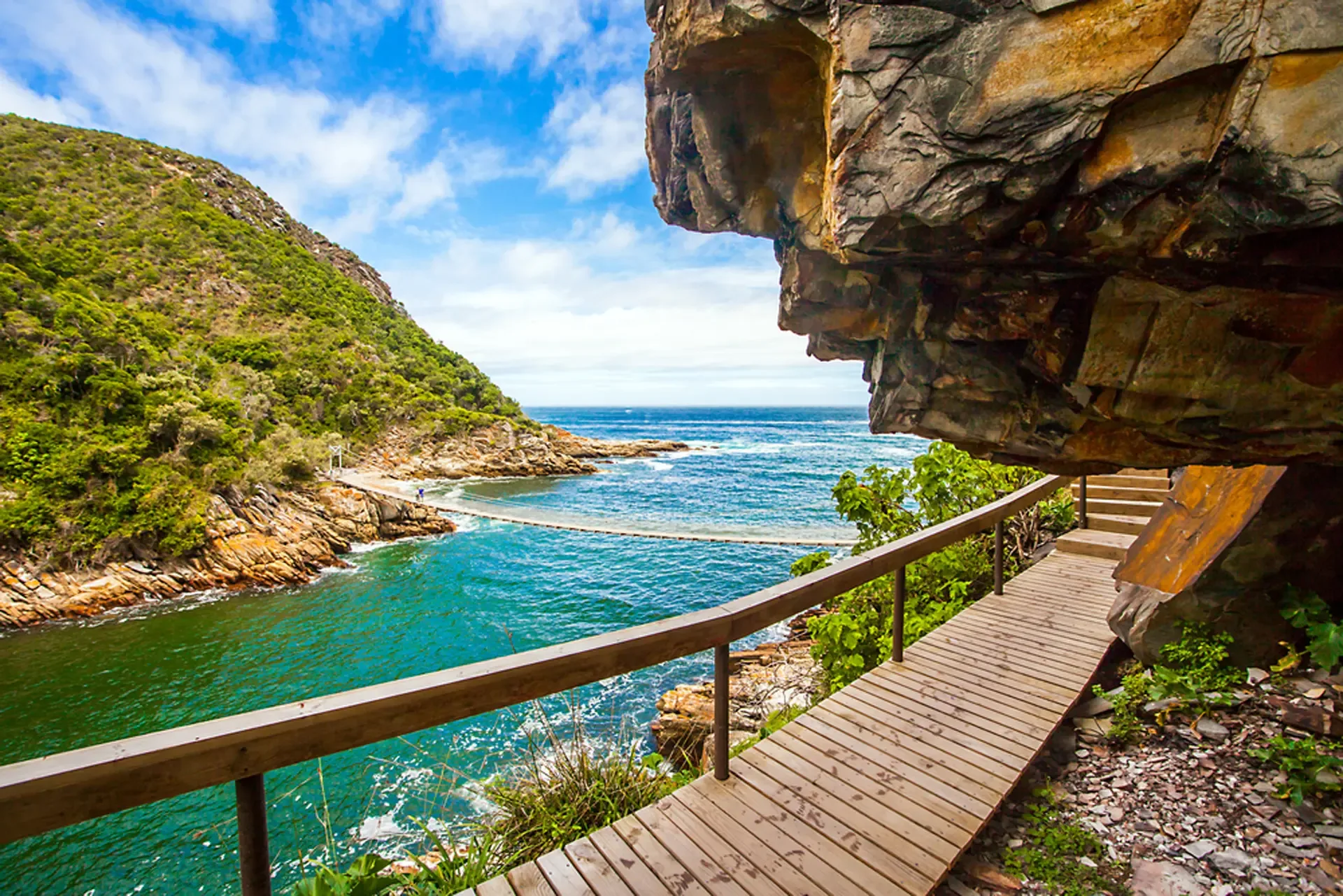A wooden boardwalk curves along the coast in Garden Route National Park, South Africa.