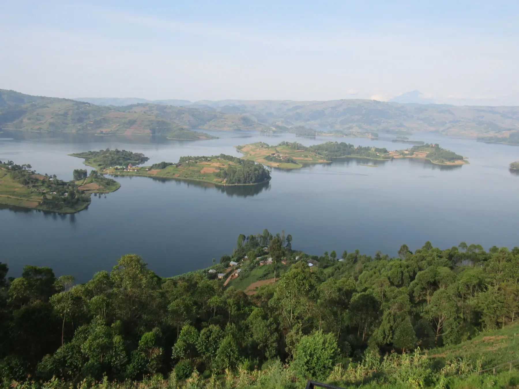 Lake islands and green hills at Gatatu, Uganda, seen from a high viewpoint.