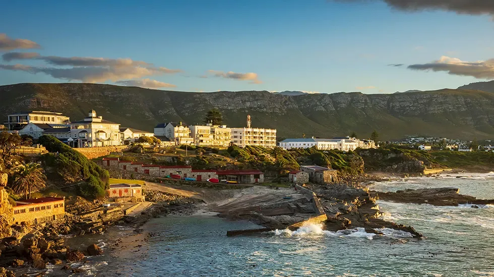 Evening light over the rocky shoreline and white buildings of Hermanus, South Africa.