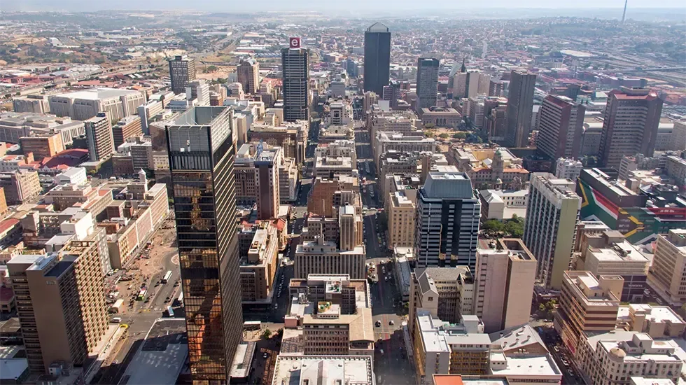 Aerial view over the high-rise skyline of downtown Johannesburg, South Africa.