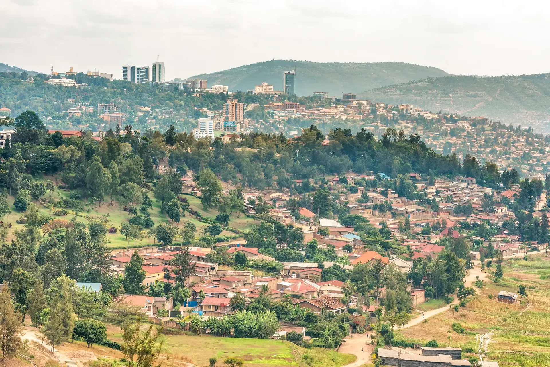 Kigali's hillside neighbourhoods spread below the city skyline, Rwanda.